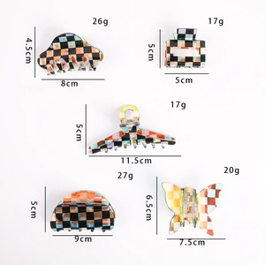 Detailed dimensions and weight chart for checkerboard pattern acetate hair claw clips