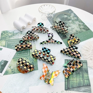 Korean Ins Style Checkerboard Hair Claw Acetate Holographic Laser Geometric Square Shark Clip Hair Accessories For Women