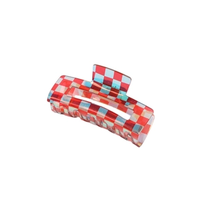 French vintage checkered acetate hair claw clip with red white and blue pattern