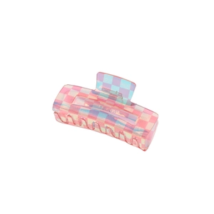 Pink and blue checkerboard acetate hair claw clip with iridescent finish for women