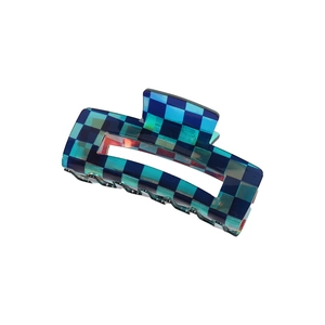 Vintage checkered blue acetate hair claw clip with geometric shark clip design for women