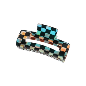 Holographic checkerboard pattern rectangular hair claw clip with colorful gradient sheen
