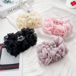 Eleganter Chiffon Rose Haarklammer Große Blumen Plissiert Hai Clip Für Damen Koreanische Handgemachte Mode Haarschmuck
