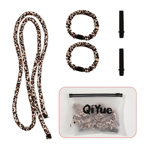 Five-piece heatless hair curler set with leopard print finish and frosted storage bag