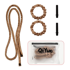 Champagne satin heatless hair curler set including scrunchies, clips and storage bag