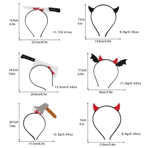 Halloween party headbands set featuring scary knife, axe and devil horns with dimensions