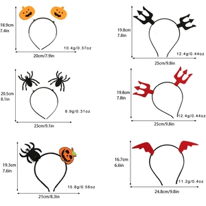 Detailed size chart showing dimensions and weight for various Halloween themed headbands