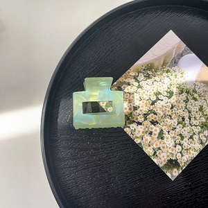 Detail of light green pearlized acrylic shark hair clip on a black round tray