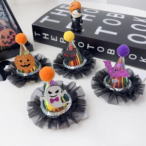 Halloween mini party hat hair clips featuring pumpkin, ghost, bat and cat designs