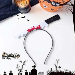 Detail of Halloween headband featuring felt bloody knife prop for spooky costume parties