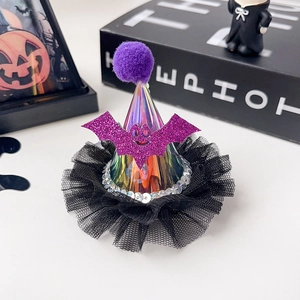 Detailed view of Halloween laser hat hair clip with purple bat and sequined mesh base