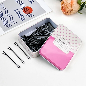 Set di forcine per capelli nere in metallo con scatola portaoggetti rosa a pois
