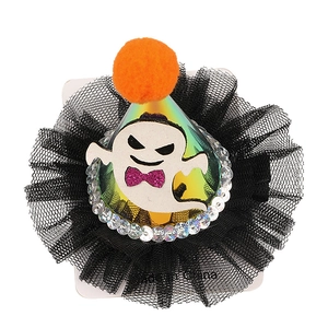 Halloween ghost hair clip with black lace mesh, colorful sequins and plush balls on white card
