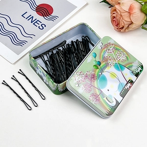 Dettaglio di forcine per capelli nere e una simpatica scatola di latta per la conservazione