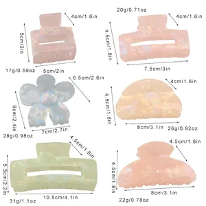 Size chart showing six styles of minimalist acrylic hair claws with precise dimensions