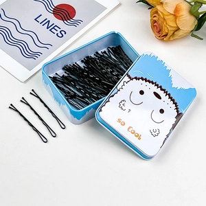 Set di 50 forcine nere in una graziosa scatola di latta blu con design a cartoni animati