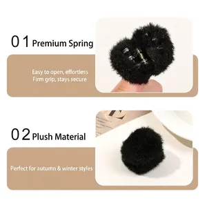 Winter plush hair claw clip in black faux fur with high elasticity metal spring
