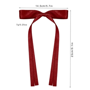 Deep red satin bow hair clip with long ribbons and size dimensions shown on white background