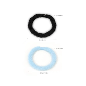 Elastici per capelli in peluche nero e azzurro con dettagli su dimensioni e peso
