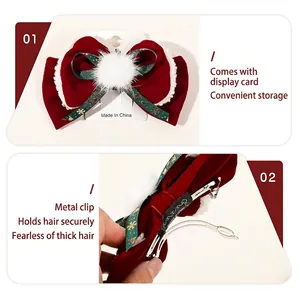 Christmas bow hair clip with red velvet, snowflake pattern, and secure metal spring fastener