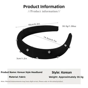 Detail view of black padded rhinestone headband showing 16cm width and 3cm thickness