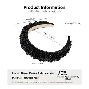 Detailed view of black pearl sponge headband showing 6.7in diameter and 104.5g weight info