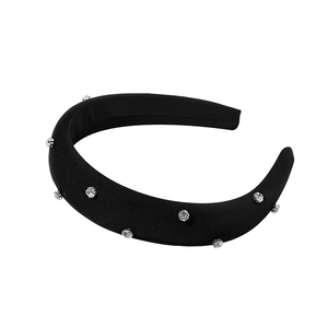 Sparkling rhinestone padded headband in black satin finish for high cranial top look