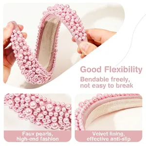 Pink baroque sponge headband with faux pearls and velvet lining showing high flexibility