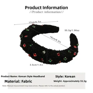 Detail showing dimensions of black plush cloud headband with red and green gemstones