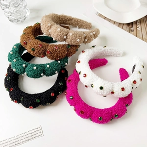 Women Teddy Plush Padded Headband High Crown Winter Hair Hoop With Faux Artificial Pearl Rhinestone Korean Style Hair Accessories
