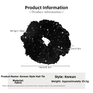Black sequin velvet scrunchie size details showing 16cm diameter and 7cm width