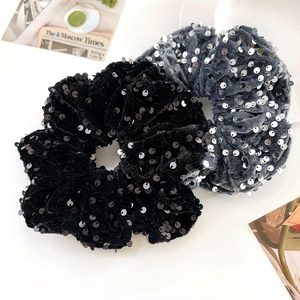 Elegant oversized velvet hair scrunchies with shiny sequins in black and grey colors