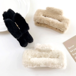 Plush square shark hair clips in black, khaki, and beige for autumn and winter styling