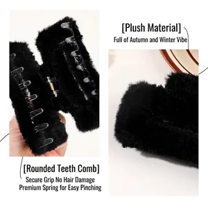 Elegant black plush square hair claw clip with gold spring for autumn and winter styling