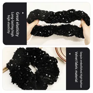 Elegant black velvet hair scrunchie with sequins and high elasticity for ponytails