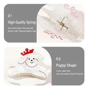Pinza para el pelo de perrito blanco perlado con corona roja para peinados coreanos