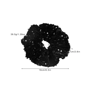 Elegant oversized black velvet scrunchie with shiny sequins and 16cm outer diameter size