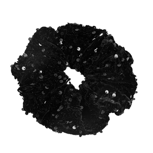 Elegant black velvet scrunchie with shimmering sequins for high ponytail hairstyles