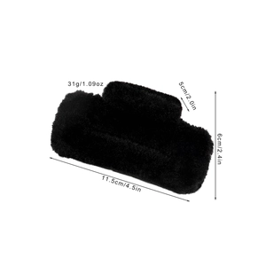 Fuzzy plush square hair claw clip in black faux fur with detailed size specifications