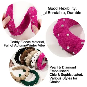 Fleece cloud headband with colorful pearls and crystals in various color options