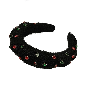 Padded black plush headband with colorful rhinestones for a high top holiday look