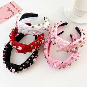 Barock Geknotet Haarreif Breit Mit Imitationsperle Rosa Bunter Strass Stoff Haarband Für Damen Alltag Party Haarschmuck