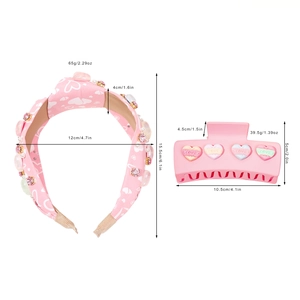 Serre-tête bijoux cœur rose et pince à cheveux LOVE avec dimensions détaillées
