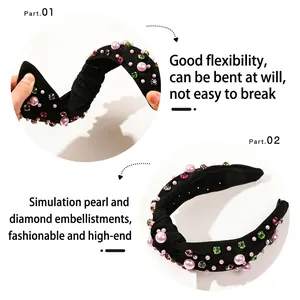 Barockes Stirnband aus schwarzem Stoff mit eleganten rosa Perlen und bunten Strasssteinen
