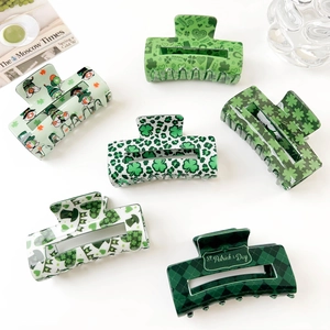 Pince à Cheveux en Acrylique Saint-Patrick pour Femmes Vert Trèfle Imprimé Damier Accessoires de Cheveux de Fête