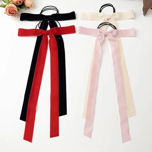 Sweet Velvet Bowknot Scrunchie With Long Ribbon French Vintage Fabric Hair Ties Elegant Streamer Ponytail Holder For Women Girls