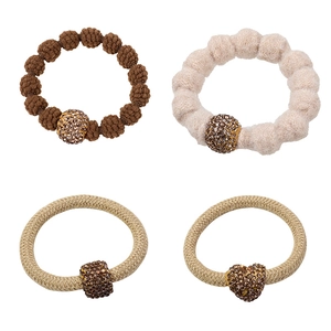 Elegant Maillard brown plush scrunchies set with rhinestone heart and cube charms