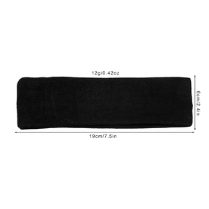Black elastic knit sports headband for running with size and weight measurements