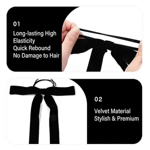 Elegant black velvet bow hair scrunchie with long ribbons and high elasticity