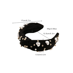 Gepolsterter Strass-Herz-Perlen-Haarreif mit schwarzem Stoffdesign für Damen